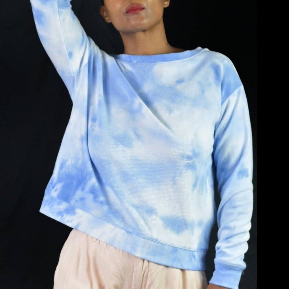 Splendid Waffle Knit Sweatshirt Blue Tie Dye Cloud Crewneck Top Thermal Size XS - Picture 10 of 12